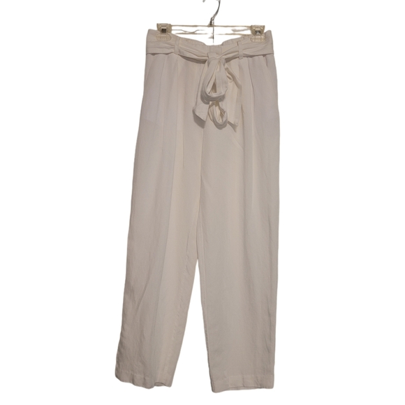 H&M Pants - H&M White Linen Blend Straight Leg Front Pleated Cropped Belted Pants Sz 8 EUC
